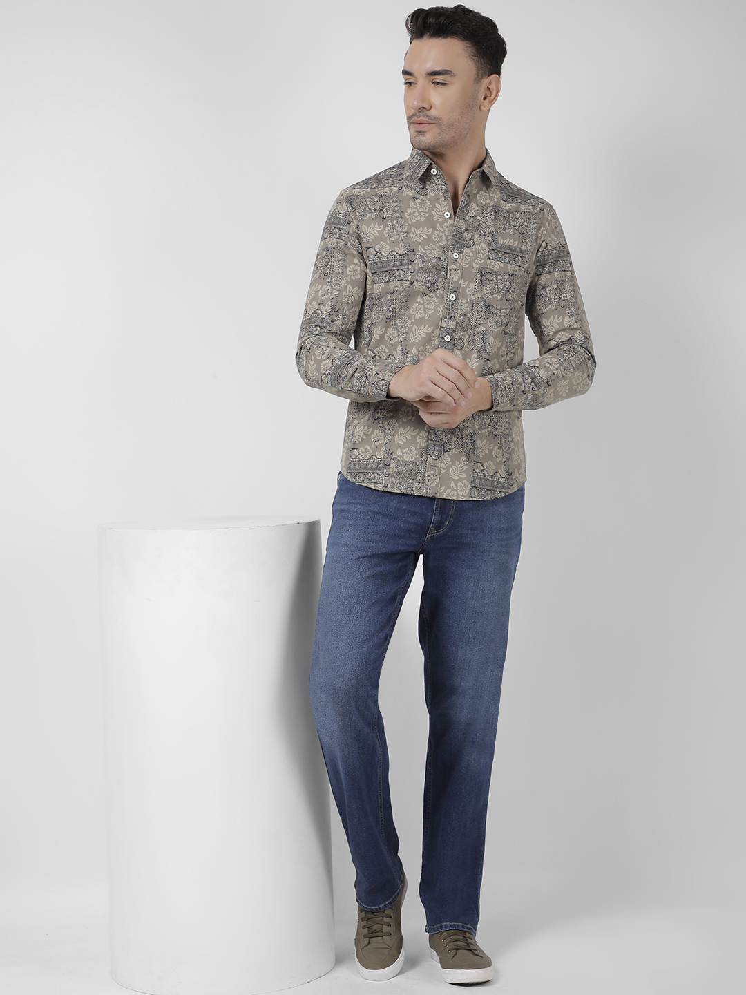 Numero Uno Men Abstract Beige Shirt